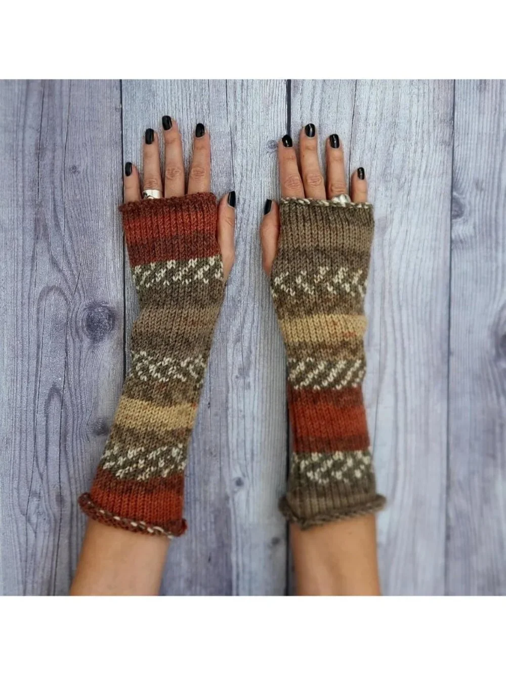 Cozy Handmade Knitted Fingerless Gloves - Winter Wool, Brown & Dark Orange